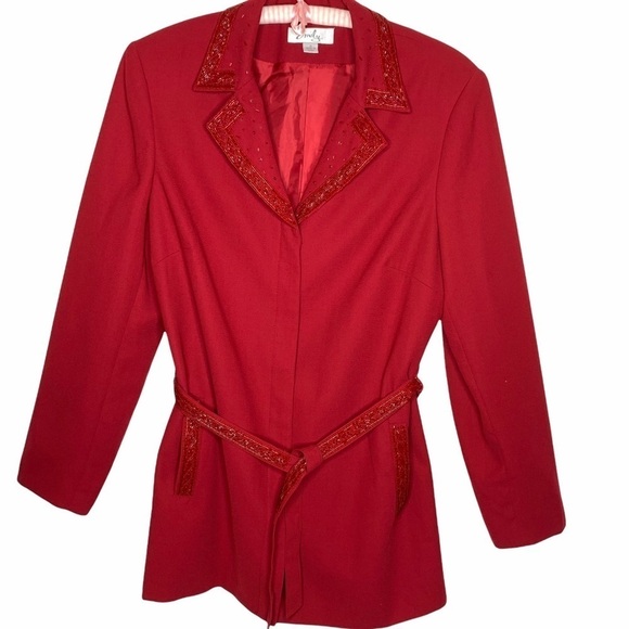 Vintage Emily… Embellished Trim Long Belted Blazer Red Sz 16 Notch Lapel Button - Picture 4 of 16